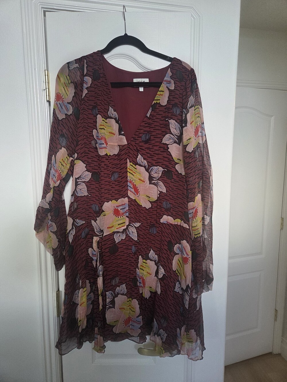 Joie Burgundy Floral 100% Silk Long-Sleeve Mini Dress (Size 4X)